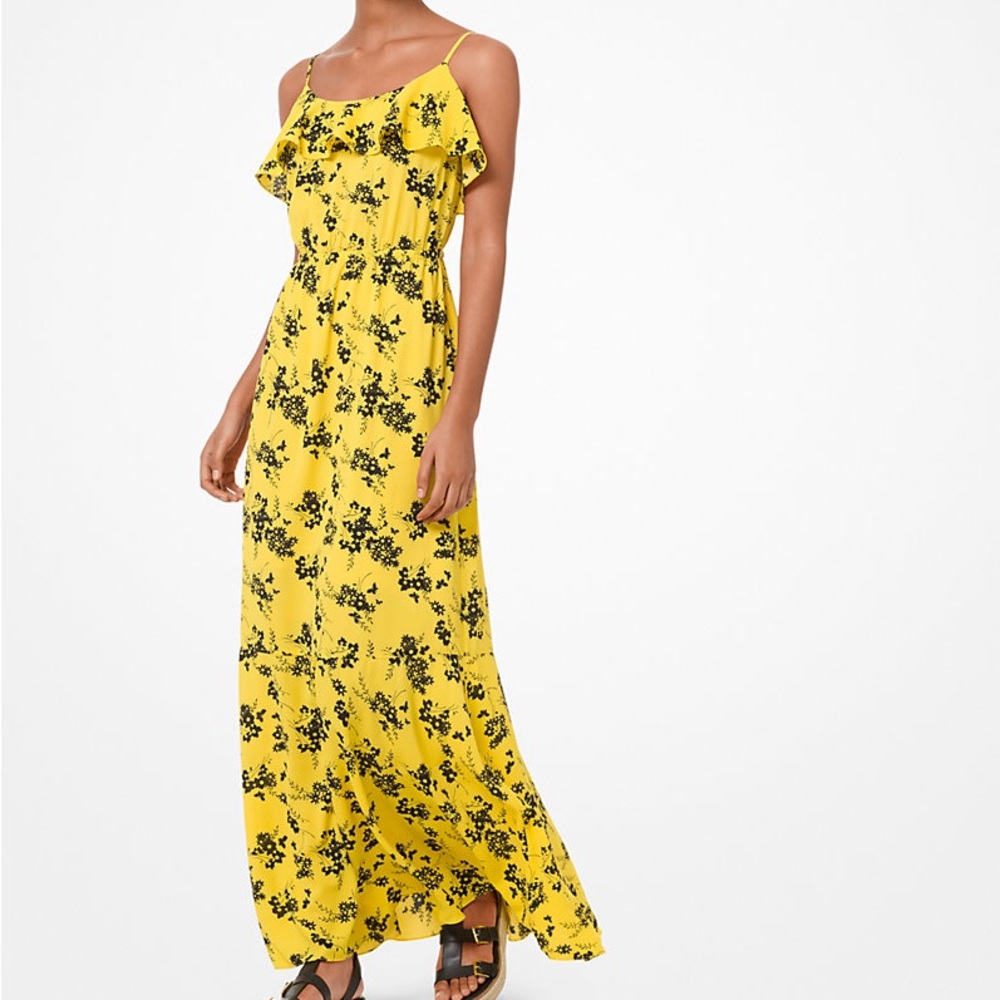 Michael Kors Yellow Floral Ruffle Maxi Dress